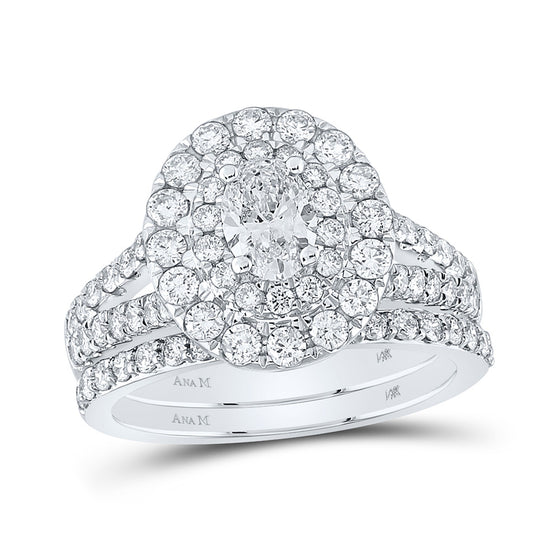 14k White Gold Oval Diamond Halo Bridal Wedding Ring Band Set 2 Cttw