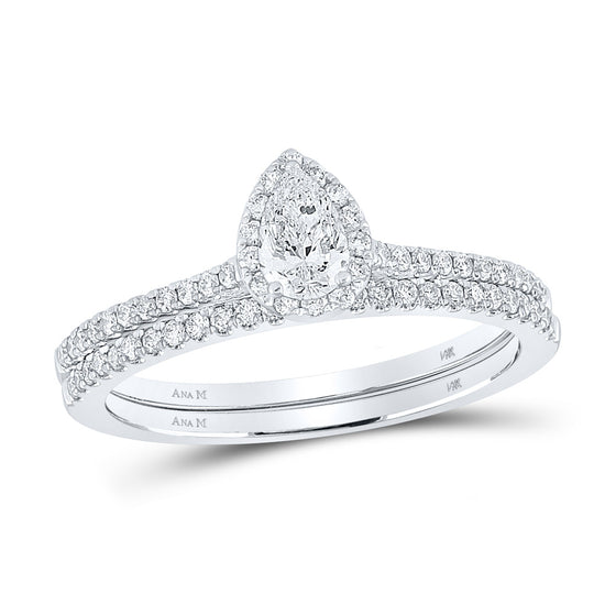 14k White Gold Pear Diamond Halo Bridal Wedding Ring Band Set 5/8 Cttw