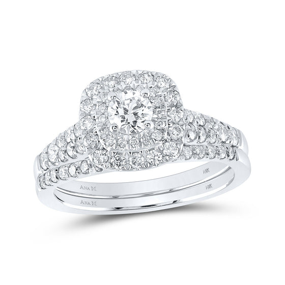 14k White Gold Round Diamond Halo Bridal Wedding Ring Band Set 1 Cttw