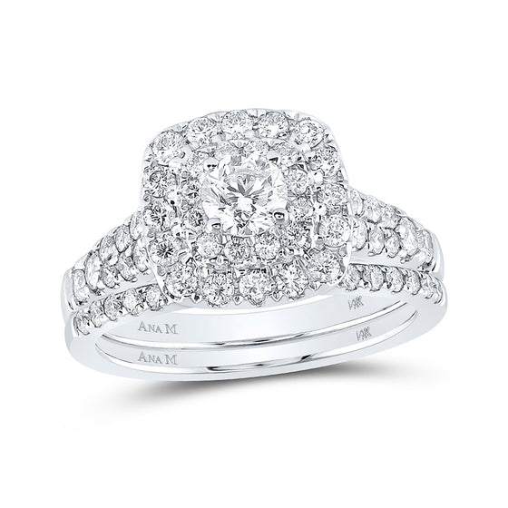 14k White Gold Round Diamond Halo Bridal Wedding Ring Band Set 1-1/2 Cttw