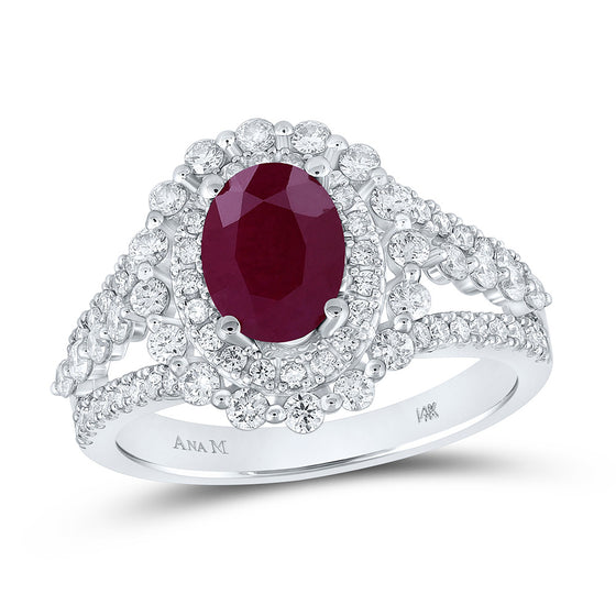 14k White Gold Womens Oval Ruby Solitaire Diamond Fashion Ring 2 Cttw