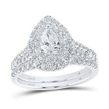  14k White Gold Pear Diamond Halo Bridal Wedding Ring Band Set 1-1/2 Cttw