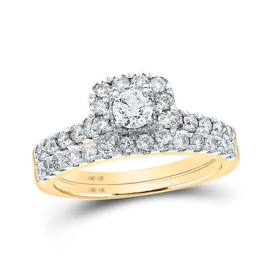 14k Yellow Gold Princess Diamond Halo Bridal Wedding Ring Band Set 1 Cttw