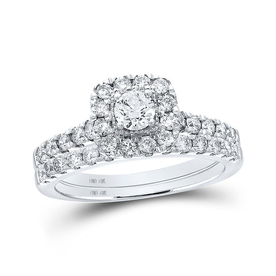 14k White Gold Princess Diamond Halo Bridal Wedding Ring Band Set 1 Cttw