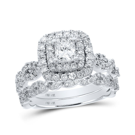 14k White Gold Princess Diamond Halo Bridal Wedding Ring Band Set 1-1/4 Cttw