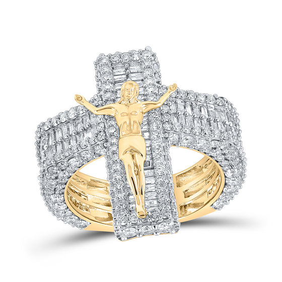 10k Yellow Gold Mens Baguette Diamond Jesus Cross Ring 4-1/2 Cttw