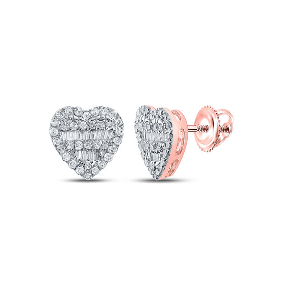 10k Rose Gold Womens Baguette Diamond Heart Earrings 3/8 Cttw