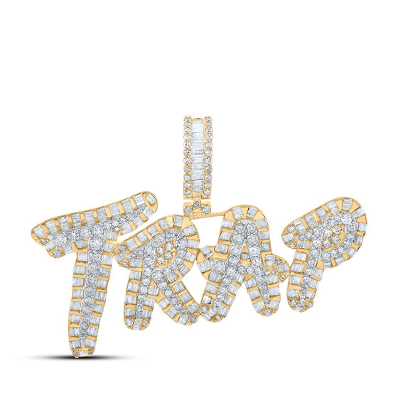 10k Two-tone Gold Mens Baguette Diamond TRAP Phrase Charm Pendant 3-3/8 Cttw