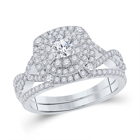 14k White Gold Round Diamond Halo Bridal Wedding Ring Band Set 1-1/3 Cttw