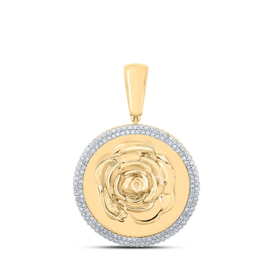 10k Yellow Gold Mens Round Diamond Circle Rose Charm Pendant 1/2 Cttw