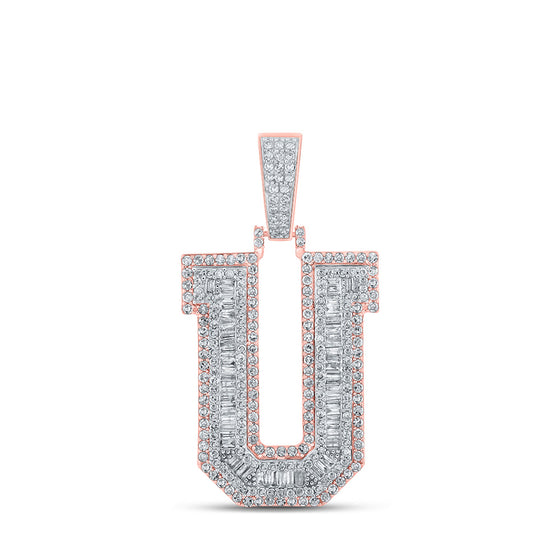 10k Two-tone Gold Mens Baguette Diamond U Initial Letter Charm Pendant 1-7/8 Cttw