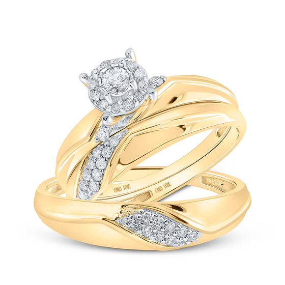 10k Yellow Gold His Hers Round Diamond Halo Matching Wedding Set 1/3 Cttw