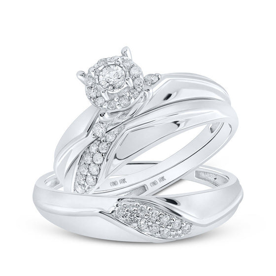 10k White Gold His Hers Round Diamond Halo Matching Wedding Set 1/3 Cttw