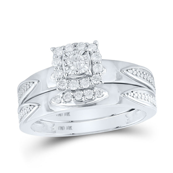 10k White Gold His Hers Round Diamond Square Matching Wedding Set 1/3 Cttw