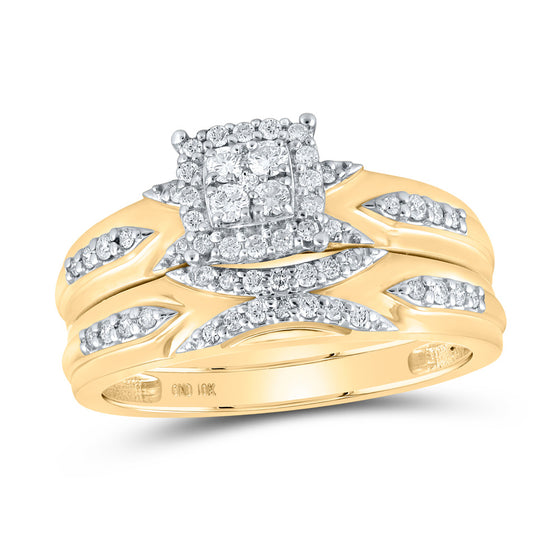 10k Yellow Gold His Hers Round Diamond Cluster Matching Wedding Set 1/2 Cttw