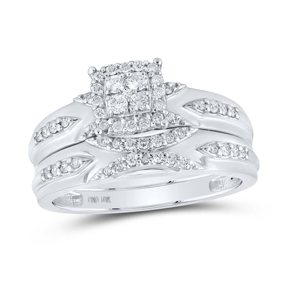 10k White Gold His Hers Round Diamond Cluster Matching Wedding Set 1/2 Cttw