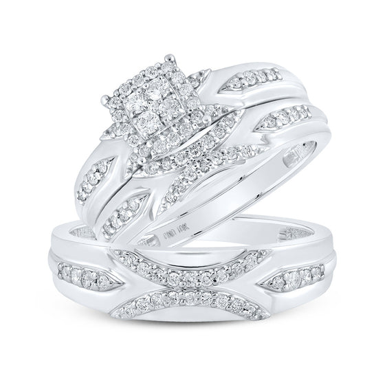 10k White Gold His Hers Round Diamond Cluster Matching Wedding Set 1/2 Cttw