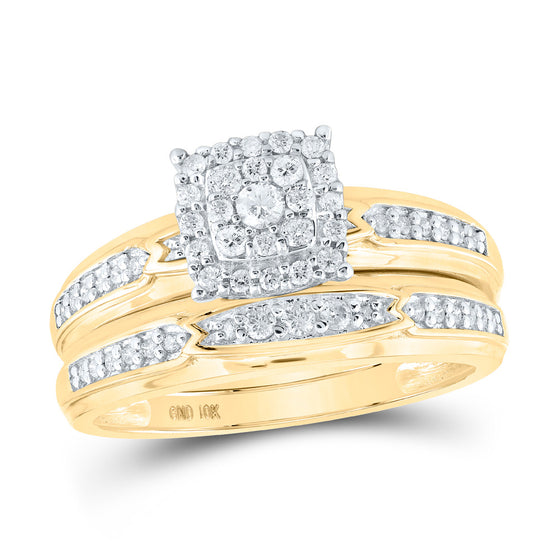 10k Yellow Gold His Hers Round Diamond Square Matching Wedding Set 1/2 Cttw