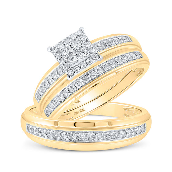 10k Yellow Gold His Hers Round Diamond Square Matching Wedding Set 1/2 Cttw