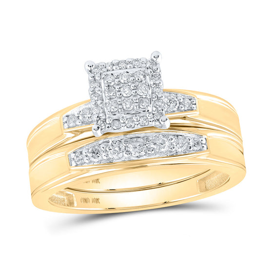 10k Yellow Gold His Hers Round Diamond Square Matching Wedding Set 1/2 Cttw