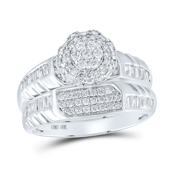10k White Gold His Hers Round Diamond Cluster Matching Wedding Set 1 Cttw