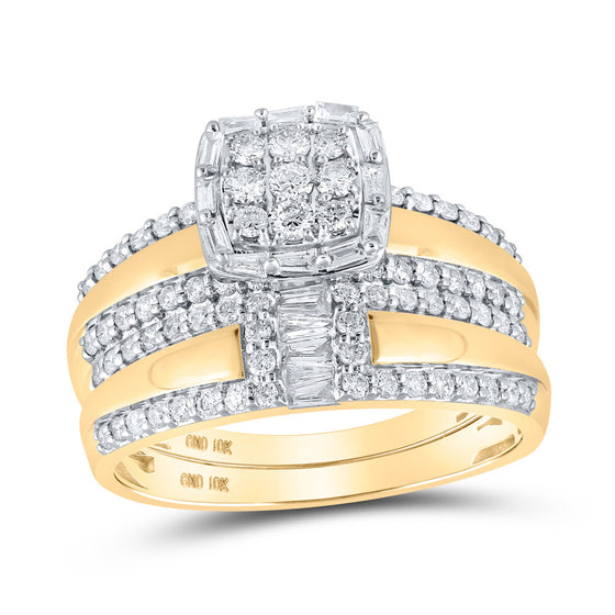10k Yellow Gold His Hers Round Diamond Square Matching Wedding Set 1 Cttw