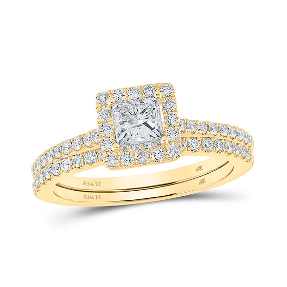 14k Yellow Gold Princess Diamond Square Halo Bridal Wedding Ring Band Set 1-1/4 Cttw