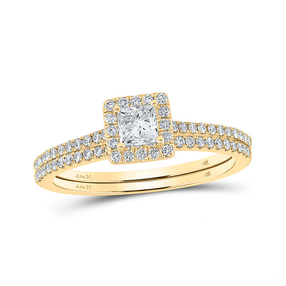 14k Yellow Gold Princess Diamond Square Halo Bridal Wedding Ring Band Set 5/8 Cttw