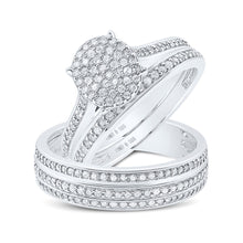  Sterling Silver His Hers Round Diamond Cluster Matching Wedding Set 7/8 Cttw