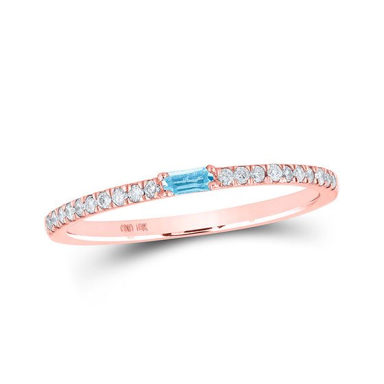 10k Rose Gold Womens Baguette Aquamarine Diamond Band Ring 1/5 Cttw