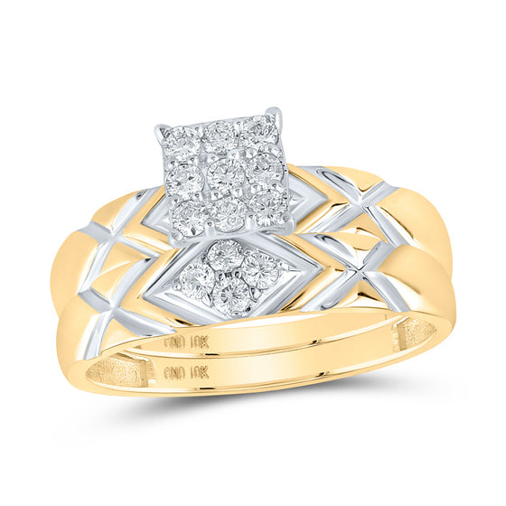 10k Yellow Gold His Hers Round Diamond Square Matching Wedding Set 1/2 Cttw
