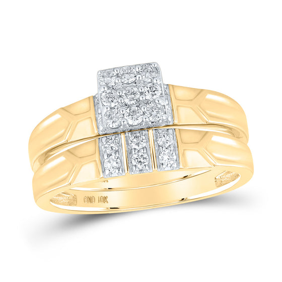 10k Yellow Gold His Hers Round Diamond Square Matching Wedding Set 1/2 Cttw