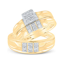  10k Yellow Gold His Hers Round Diamond Square Matching Wedding Set 1/2 Cttw