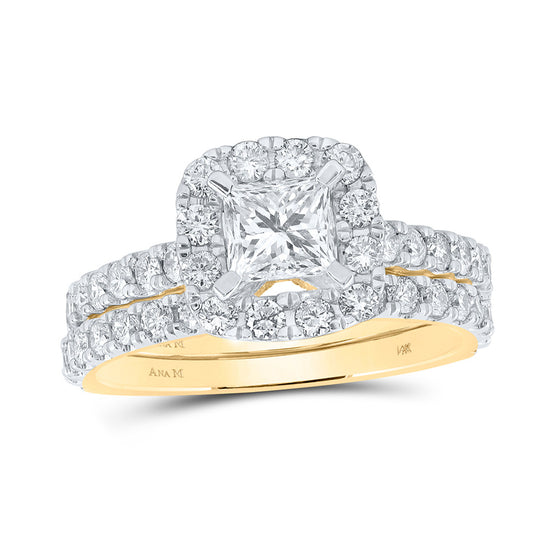 14k Yellow Gold Princess Diamond Halo Bridal Wedding Ring Band Set 1-7/8 Cttw