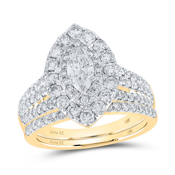 14k Yellow Gold Marquise Diamond Halo Bridal Wedding Ring Band Set 2 Cttw