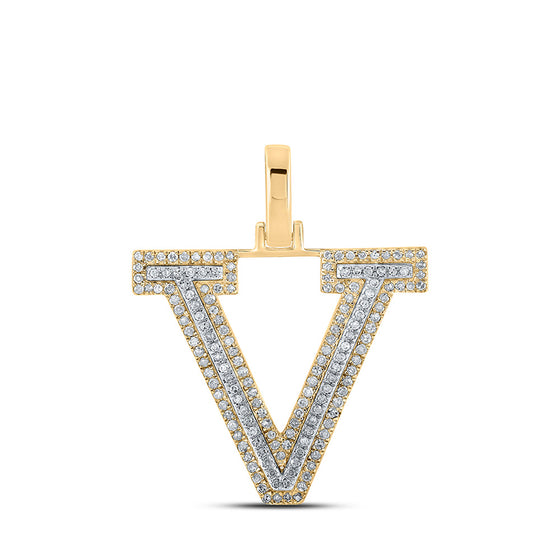 10k Two-tone Gold Mens Round Diamond V Initial Letter Pendant 3/8 Cttw