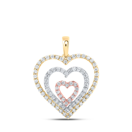 10k Tri-Tone Gold Womens Round Diamond Triple Nested Heart Pendant 1/2 Cttw