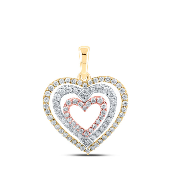 10k Tri-Tone Gold Womens Round Diamond Nested Heart Pendant 1/2 Cttw