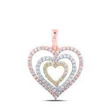  10k Tri-Tone Gold Womens Round Diamond Nested Heart Pendant 1/2 Cttw