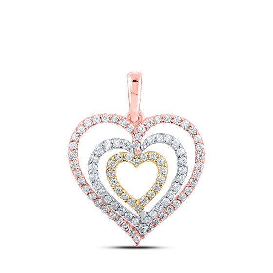 10k Tri-Tone Gold Womens Round Diamond Nested Heart Pendant 1/2 Cttw