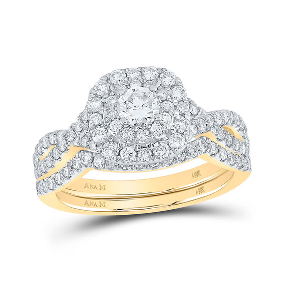 14k Yellow Gold Round Diamond Halo Bridal Wedding Ring Band Set 1 Cttw