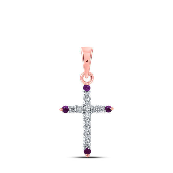 10k Rose Gold Womens Round Ruby Diamond Cross Pendant 1/5 Cttw