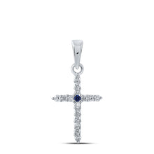  10k White Gold Womens Round Blue Sapphire Diamond Cross Pendant 1/8 Cttw