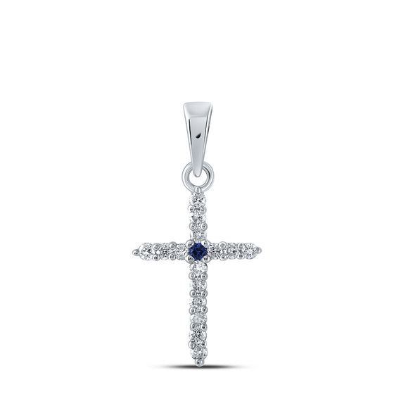 10k White Gold Womens Round Blue Sapphire Diamond Cross Pendant 1/8 Cttw