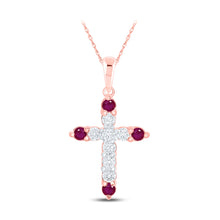  10k Rose Gold Womens Round Ruby Diamond Cross Pendant 1/4 Cttw