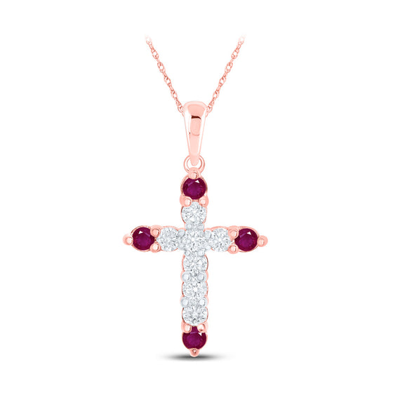 10k Rose Gold Womens Round Ruby Diamond Cross Pendant 1/4 Cttw