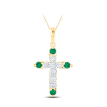  10k Yellow Gold Womens Round Emerald Diamond Cross Pendant 1/5 Cttw