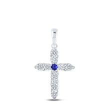  10k White Gold Womens Round Blue Sapphire Diamond Cross Pendant 1/5 Cttw
