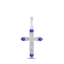  10k White Gold Womens Round Synthetic Amethyst Diamond Cross Pendant 1/4 Cttw