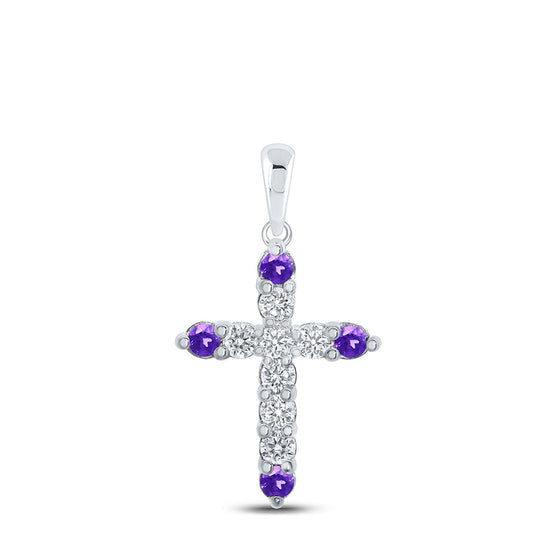 10k White Gold Womens Round Synthetic Amethyst Diamond Cross Pendant 1/4 Cttw